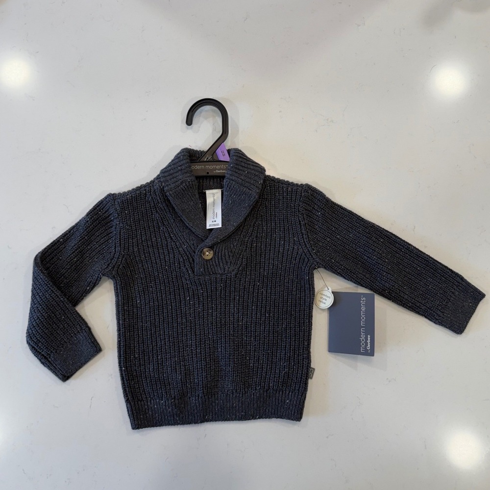 Modern Moments by Gerber Baby Shawl Collar Sweater Dark Grey 12M NWT 100% Cotton